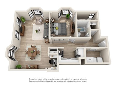 A 3D rendered image of a house layout.